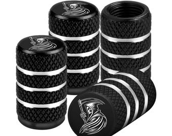 Grim Reaper Tire Valve Stem Caps, Universal Fit for Car, Truck, SUV - 4pc - Black
