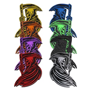 May include: A set of eight Grim Reaper figures, each with a scythe and a hooded cloak. The figures are stacked on top of each other and are in different colors: yellow, orange, purple, red, black, silver, green, and blue.