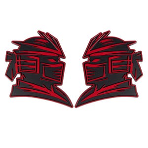 May include: Two black and red stylized helmet emblems. Each emblem features a detailed profile of a helmet with a red outline and accents. The design is symmetrical, with both emblems facing opposite directions.