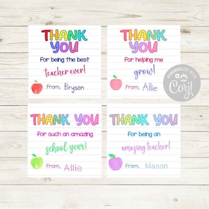 Teacher Thank You Tags Printable Teacher Appreciation Gift Tag, School ...