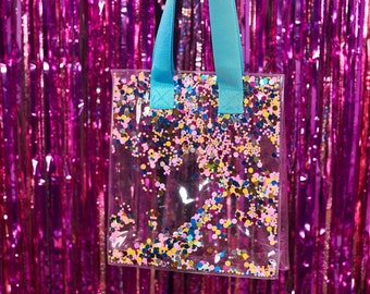 Blue Mini Tote, Glitter Purse, Jelly Sparkle Bag, Vinyl Sequin Handbag, Clear Confetti Bag, Colorful Party Bag, Custom Welcome Bag Favor