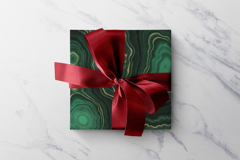 Christmas Wrapping Paper, Malachite Gift Wrap, Green & Gold Geode Paper Sheet, Marble Wrapping Paper, Luxury Holiday Set, Chrismukkah, Xmas image 1