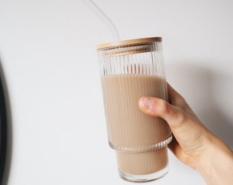 Ribbed cup with bamboo lid, Iced coffee glass, Glass straw, Gift idea, Textured, simple, Coffee bar, Bohemian style, Home decor, Shelf decor