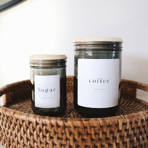 Set of 2 canisters, Coffee jar, Sugar jar, Glass canister, Wood lid, Glass storage, Wood, Kitchen, Pantry organization, Coffee canister