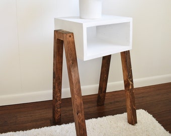 Side table, End table, White stool, Plant stand, Handmade, Modern furniture, Dark walnut, Furniture, Wood furniture, Home decor, Pine