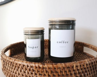 Set of 2 canisters, Coffee jar, Sugar jar, Glass canister, Wood lid, Glass storage, Wood, Kitchen, Pantry organization, Coffee canister