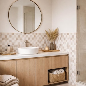 beige luxury peel and stick backsplash, wall treatment, bathroom, kitchen, wall tile, checkered backsplash