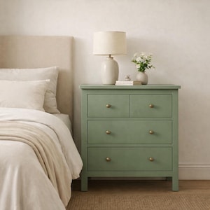 May include: A sage green wooden dresser with four drawers and brass knobs. A cream-colored lamp, a small vase with white flowers, and a stack of books sit on top. The dresser is next to a bed with a beige headboard.