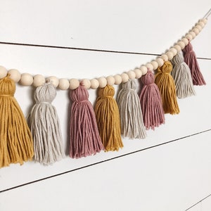 Bead tassel garland, Neutral decor, Nursery, Over the crib decor, Boho tassel decor, Natural wood bead decor, Boho wall hanging, Cute simple