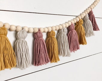 Wood Bead Tassel Garland, Boho Nursery Decor, 33"