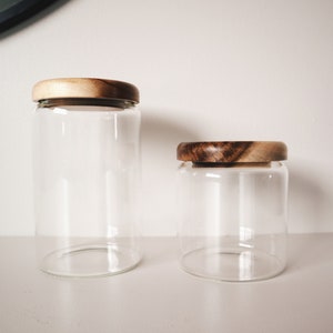 Set of 2 Glass canister, Wood and glass jar, Storage container, Wood, Kitchen, Pantry organization, Coffee canister, Coffee jar, Sugar image 1