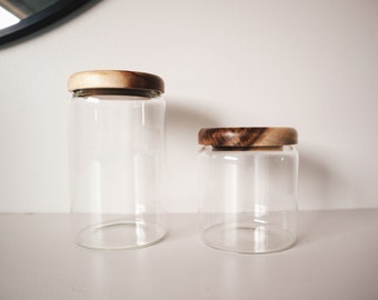Set of 2 Glass canister, Wood and glass jar, Storage container, Wood, Kitchen, Pantry organization, Coffee canister, Coffee jar, Sugar