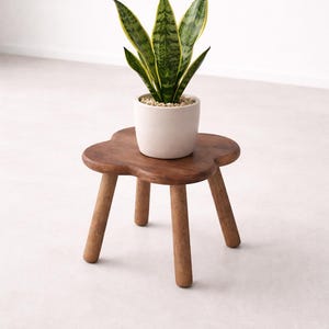 May include: A potted snake plant with green and yellow striped leaves sits on a small, three-legged wooden plant stand. The plant is in a white ceramic pot filled with small pebbles. The stand has a clover-shaped top.