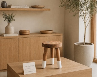 Handmade teak wood stool, Modern Plant Stand, White Dipped Legs, Natural wood shower stand, Black dipped stool