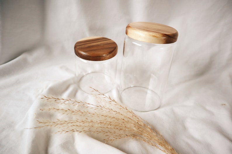 Set of 2 Glass canister, Wood and glass jar, Storage container, Wood, Kitchen, Pantry organization, Coffee canister, Coffee jar, Sugar image 5