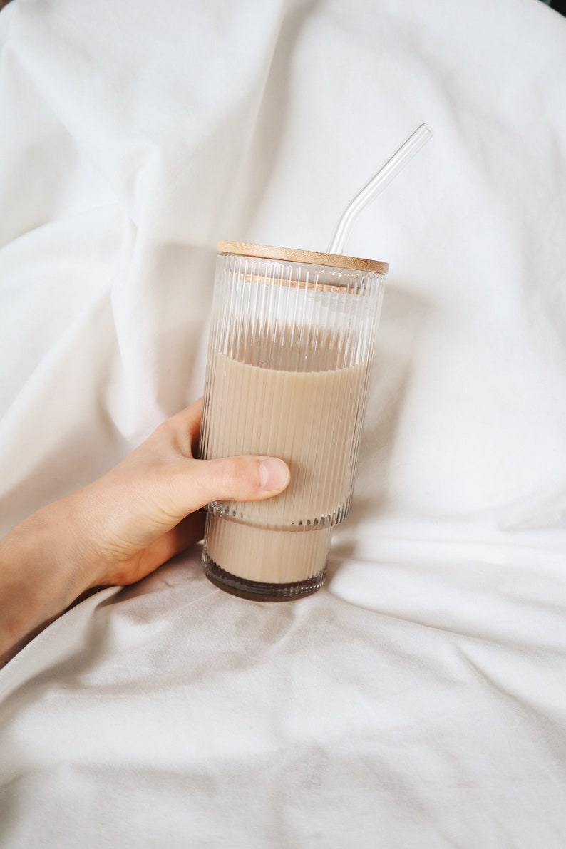 Set of 2, Iced coffee glasses, Glass straw, Textured, simple, Coffee bar
