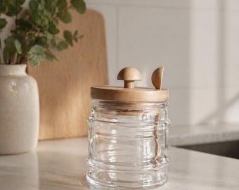 Glass canister, Sugar jar with wood spoon, Glass container, Storage container, Glass storage, Kitchen, Pantry organization, Glass organizer