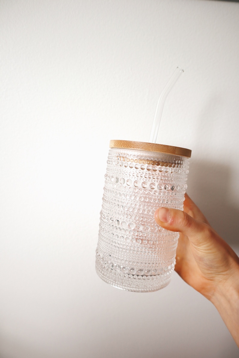Glass cup with bamboo lid, Iced coffee glass, Glass straw, Gift idea, Textured, simple, Coffee bar, Bohemian style, Home decor, Shelf decor