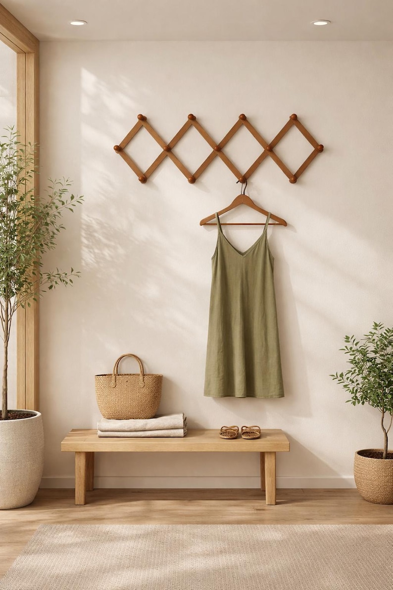 K&ouml;nnte beinhalten: Minimalistische Inneneinrichtung mit einer Holzbank, einer geflochtenen Tragetasche und einem gr&uuml;nen Kleid an einem Holzkleiderb&uuml;gel. Ein erweiterbarer Kleiderhaken aus Holz ist an der Wand befestigt. Zwei kleine Topfpflanzen und ein Teppich.