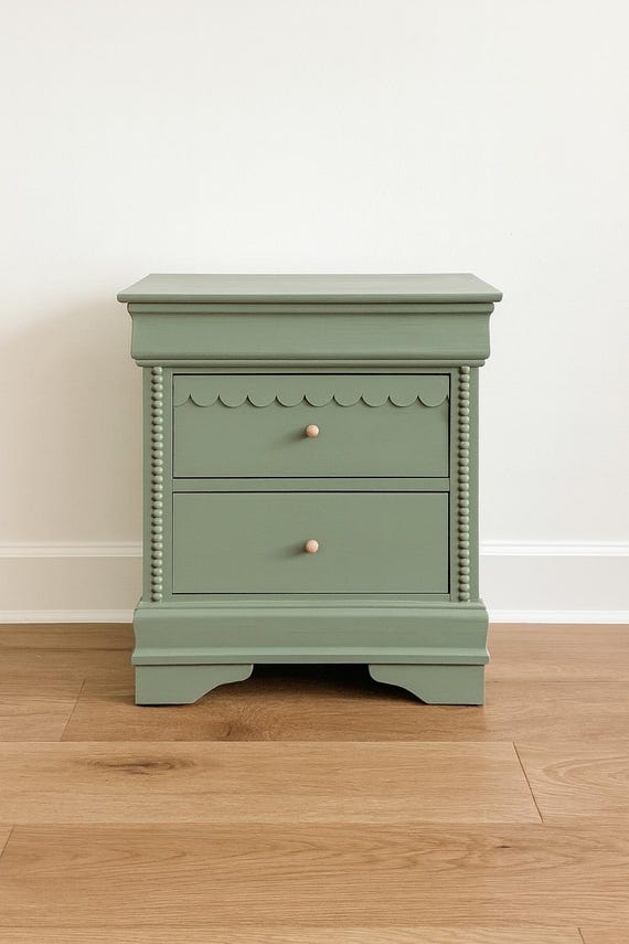 Sage Green Scalloped 2-Drawer Side Table, Nursery Dresser