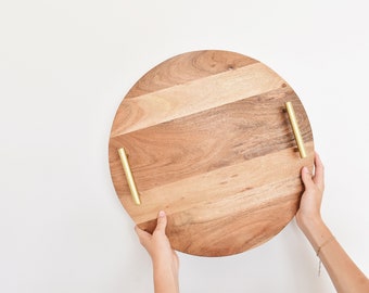 Round wooden tray, Round tray with gold handles, Wood decor, Table decor, Food tray, Plant tray, Charcuterie board, Kitchen decor