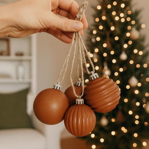 4 pack terracotta ornaments, Bohemian style ornaments, Textured bulb ornaments, Handmade, Simple, Cute, Bohemian Christmas decor, Holiday