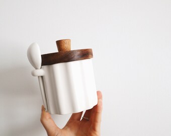 White and wood canister, Ceramic canister, Sugar jar with spoon, container, Storage container, Kitchen, Pantry organization, Glass organizer