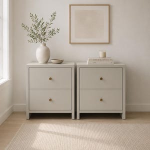 Beige 2 Drawer night stand set of 2, bedroom furniture, gold knobs, minimalist furniture