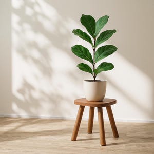 May include: A potted fiddle-leaf fig plant with large, green leaves sits on a small, round, wooden stool. The plant is in a cream-colored pot. The stool has three legs and is made of light brown wood.
