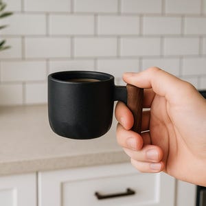 May include: A black ceramic mug with a wooden handle is held in a person's hand. The mug is filled with a dark liquid, likely coffee or tea. The background includes a white tiled wall and a countertop.