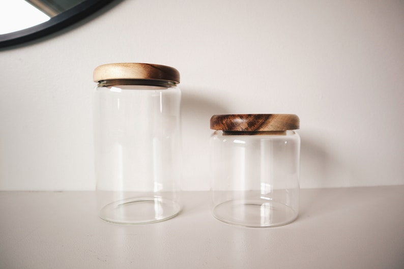 Set of 2 Glass canister, Wood and glass jar, Storage container, Wood, Kitchen, Pantry organization, Coffee canister, Coffee jar, Sugar image 6