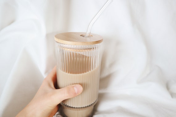 Ribbed Cup With Bamboo Lid, Iced Coffee Glass, Glass Straw, Gift Idea,  Textured, Simple, Coffee Bar, Bohemian Style, Home Decor, Shelf Decor - Etsy