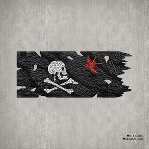 May include: A black pirate flag with a white skull and crossbones and a red bird in the upper right corner. The flag is torn and tattered, giving it a distressed look.