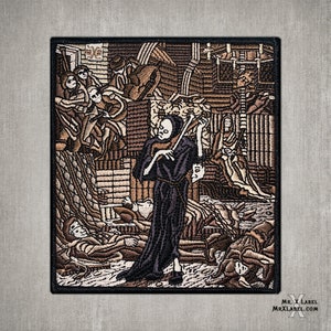 May include: A black and white embroidered patch depicting a skeletal figure in a hooded robe playing a violin. The figure is surrounded by other figures in a chaotic scene.