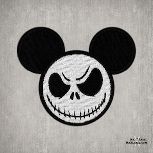 May include: Embroidered patch featuring a black and white design. The design combines the iconic Mickey Mouse ears with the face of Jack Skellington from The Nightmare Before Christmas. The patch has a stitched border and is set against a light gray background.