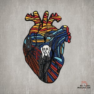 May include: A colorful embroidered patch depicting a heart with a stylized image of The Scream painting inside. The heart is made up of various colors, including red, blue, yellow, and black.