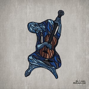 May include: An embroidered patch of a blue and black figure playing a guitar. The figure is stylized and abstract, with a flowing, organic design.