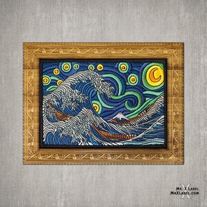 May include: A framed embroidered artwork depicting a large blue wave with white foam crashing against a dark blue background with swirling green and yellow stars. The artwork is framed in a gold ornate frame.