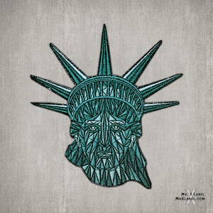 May include: A teal blue embroidered patch of the Statue of Liberty with a geometric design. The patch is on a gray fabric background.