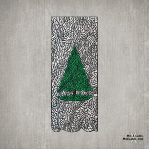 May include: A green pine tree on a white background with a gray, textured border. The tree is stylized with a jagged, segmented design.