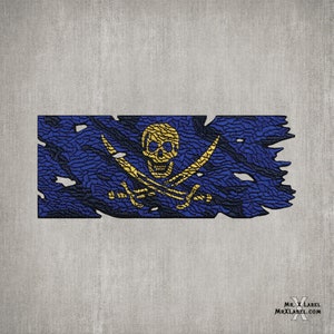 May include: A blue and yellow distressed pirate flag with a skull and crossbones design. The flag is torn and faded, giving it a vintage look.