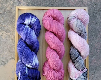 OOAK colorways, single dyed skeins, hand dyed yarn, gift for knitter, crochet accessories, blue, pink and black, bright pink, indie dyed