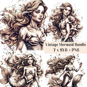 Könnte beinhalten: Ein digitales Kunstpaket mit vier Vintage-Meerjungfrauen-Illustrationen. Jede Meerjungfrau hat langes, fließendes Haar und trägt ein Muscheloberteil. Die Meerjungfrauen sind in verschiedenen Posen, mit einem Seestern und floralen Akzenten. Der Text "Vintage Mermaid Bundle 7 x SVG + PNG" ist enthalten.