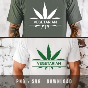 Könnte beinhalten: Zwei T-Shirts, eines olivgrün und eines weiß, jeweils mit einem Cannabisblatt-Design und dem Wort "VEGETARIAN" in einem horizontalen Banner. Das Design ist weiß auf dem grünen Shirt und grün auf dem weißen Shirt.
