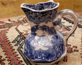 Vintage Blue White Ironstone Pitcher,Farmhouse,English Country