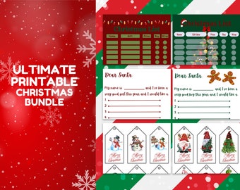 May include: Printable Christmas list and letter to Santa templates. The set includes a red and green striped background with snowflakes, a Christmas list with columns for name, gift, price, buy, and wrap, a letter to Santa with lines for the child's name, a list of gifts they would like, and a Christmas tag with a snowman design.