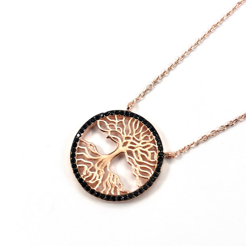 Life Tree Silver Necklace Rose Gold Plated Silver Life Tree Necklace with Black Zircons