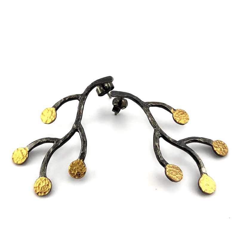 Silver Branch Earrings Handmade Oxidised and Gold Plated Silver Branch Earrings