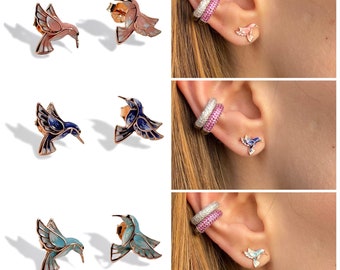 Rose Gold Colourful Hummingbird Stud Earrings, Silver Cute Hummingbird Earrings, Tiny Bird Studs