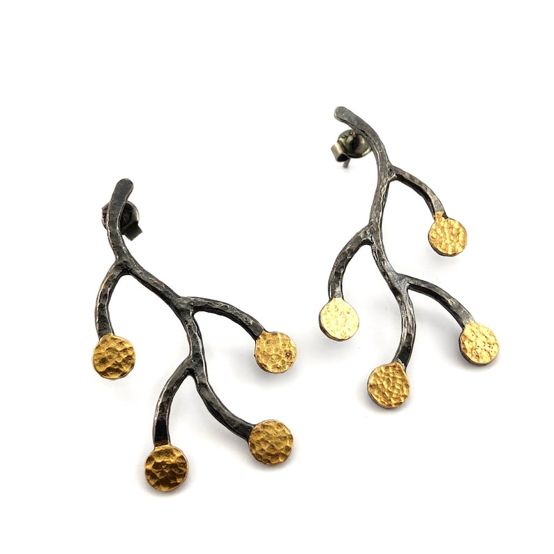 Silver Branch Earrings Handmade Oxidised and Gold Plated Silver Branch Earrings